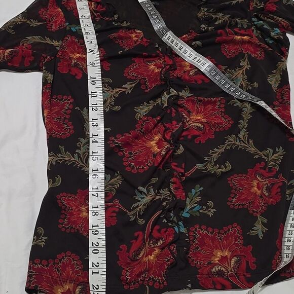 VTG Express Y2K Sheer Stretch Mesh Top Size M Black Re Floral Lettuce Trim Goth - Picture 7 of 9